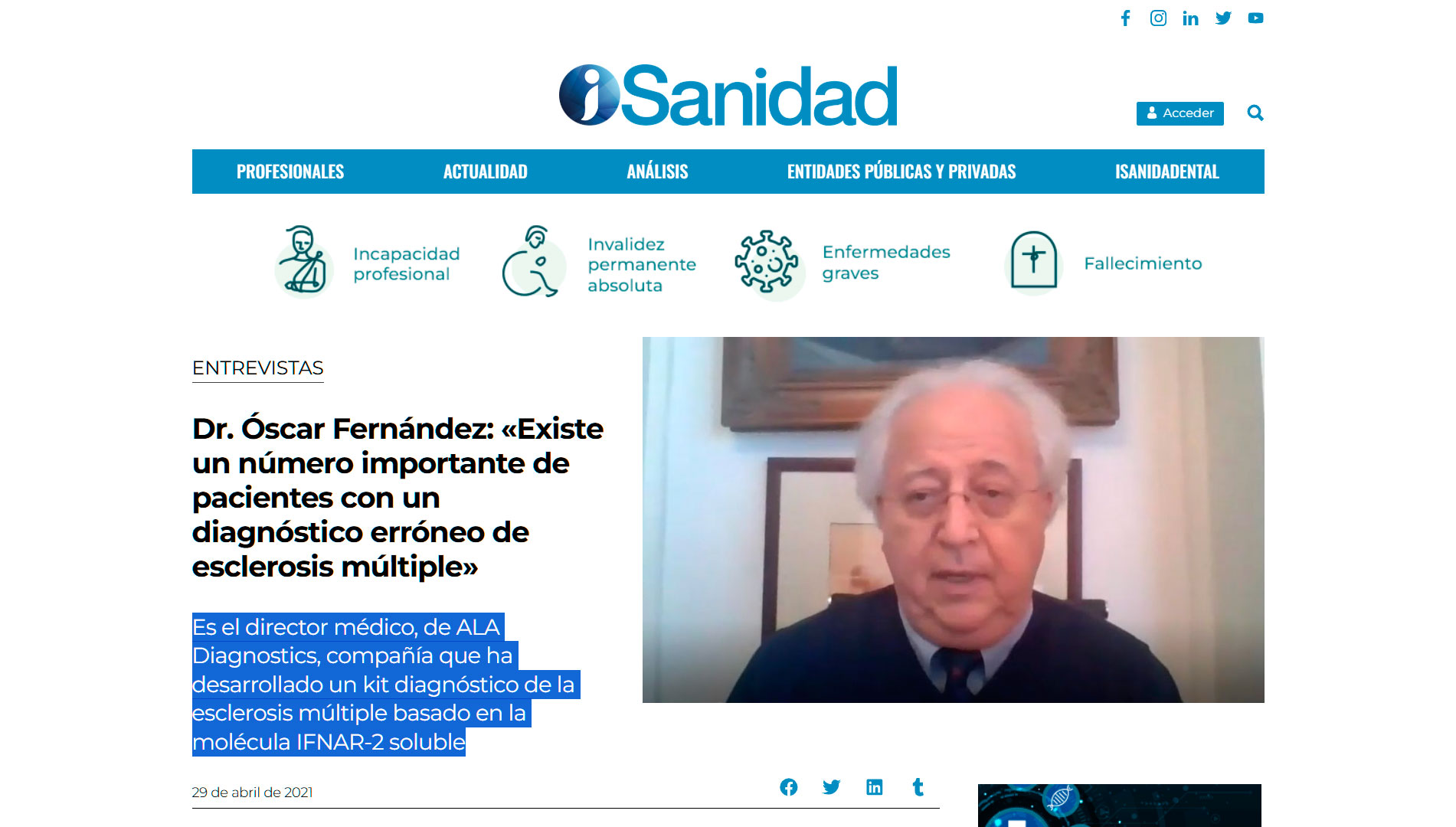 Dr. Óscar Fernández: «Existe un número importante de pacientes con un diagnóstico erróneo de esclerosis múltiple»