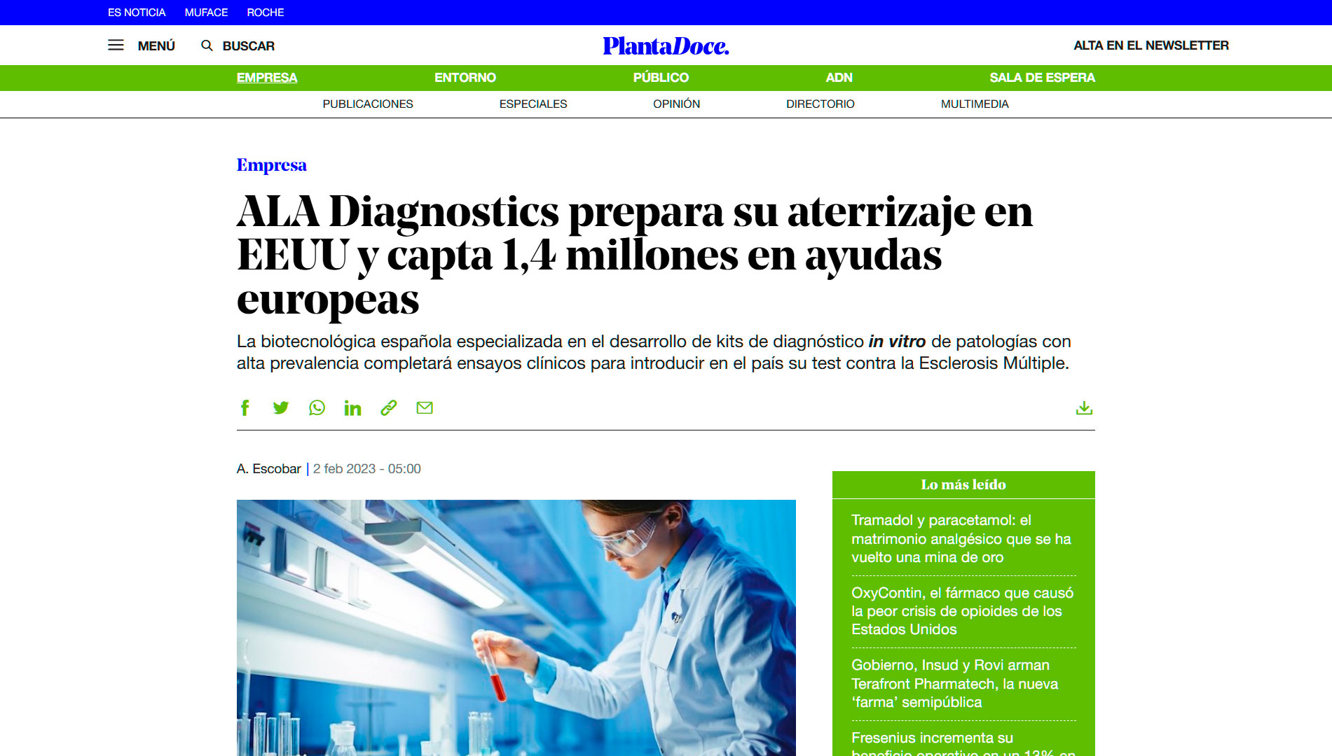ALA Diagnostics prepara su aterrizaje en EEUU y capta 1,4 millones en ayudas europeas
